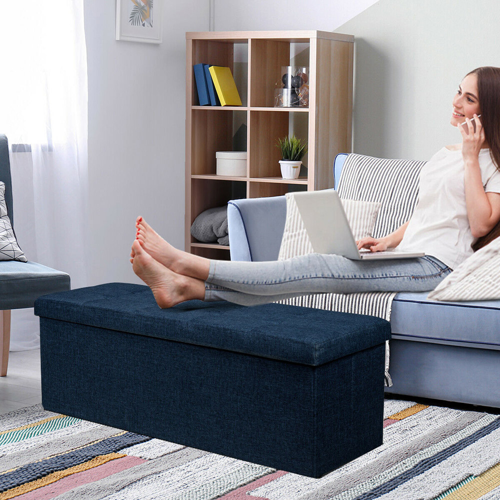 Costway Navy Foldable Storage Ottoman Bench Image 4
