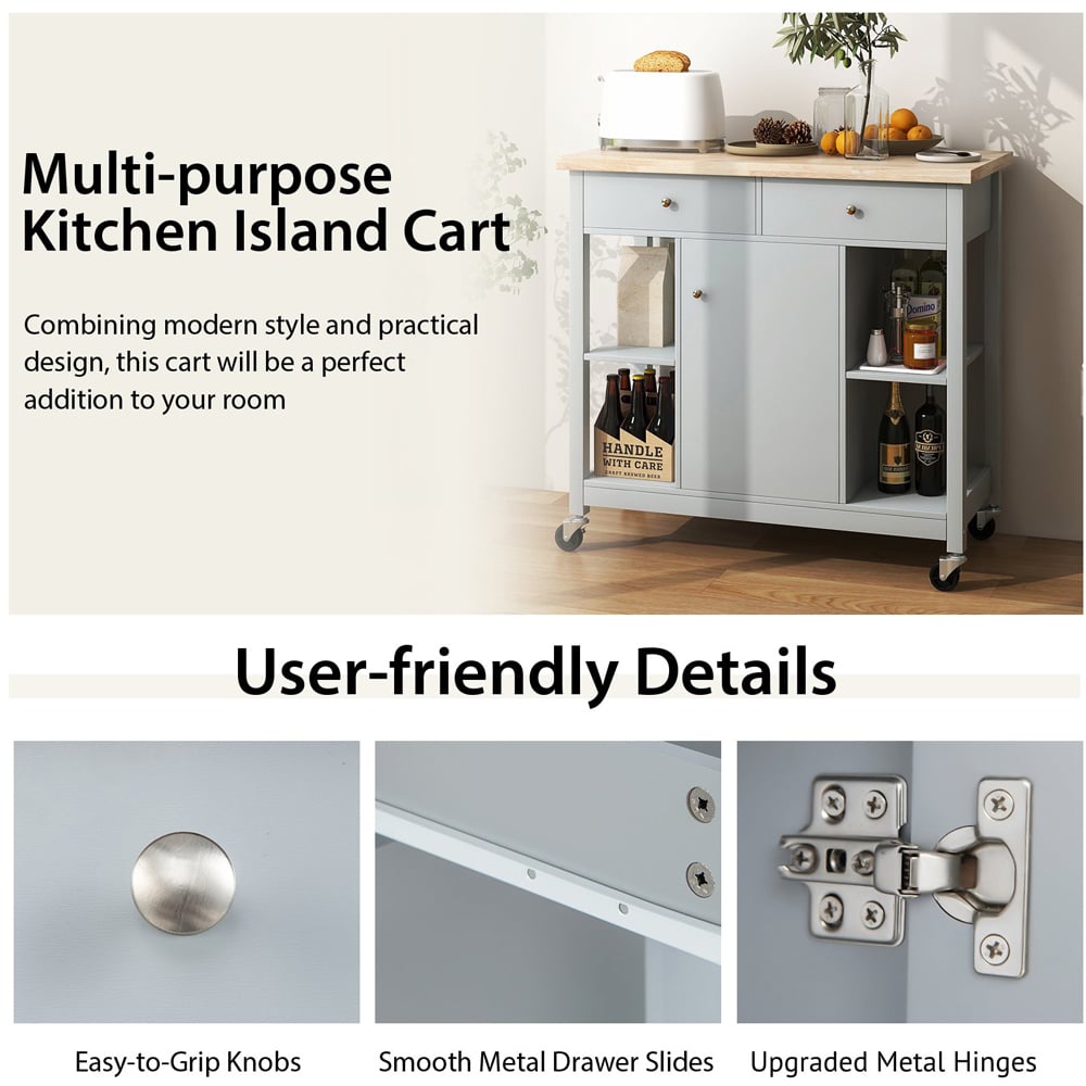 Costway Grey Rolling Kitchen Island Cart with Rubber Wood Top Image 7