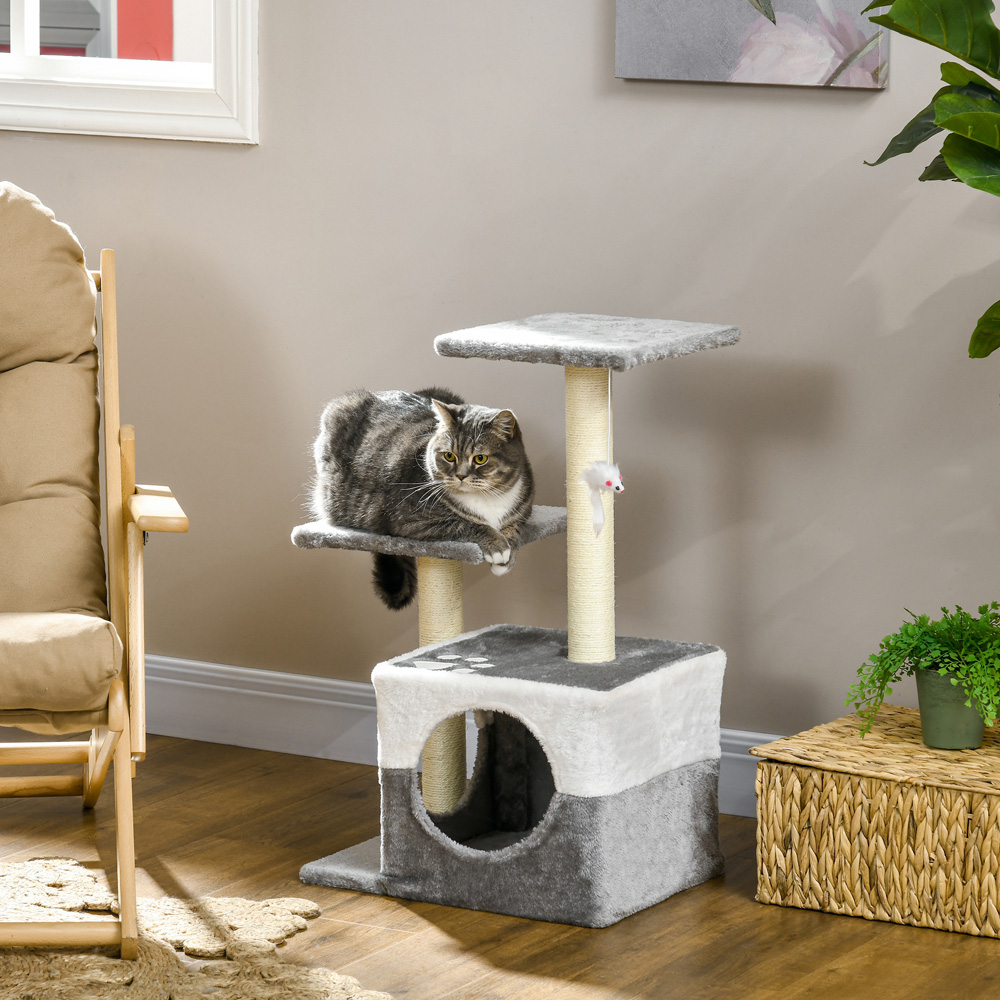PawHut Grey Cat Tree with Sisal Scratching Posts Image 2