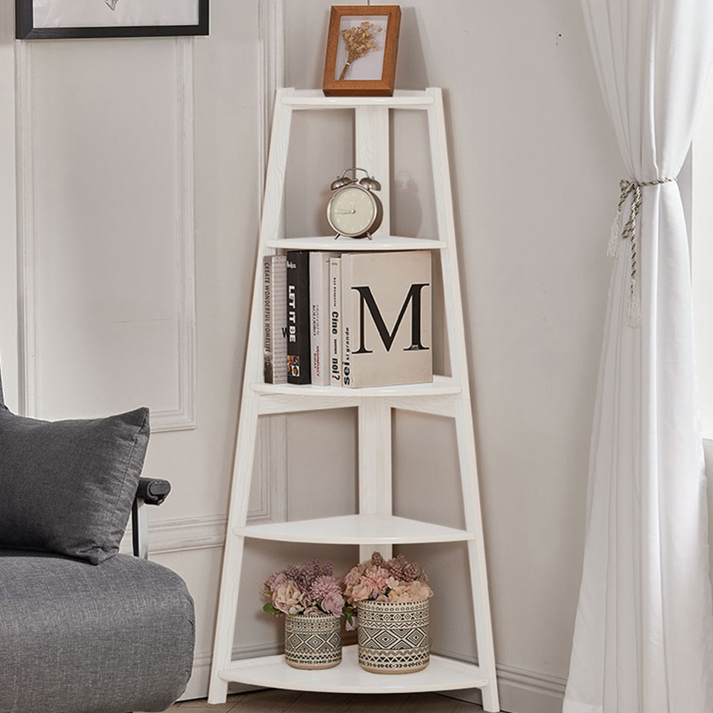 Living and Home 5 Shelf Wooden Ladder Corner Bookshelf Image 1