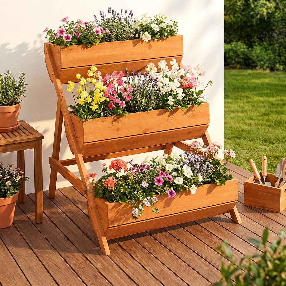 Living and Home 3-Tier Reddish Brown Wooden Planter Box with Drainage Holes Image 2