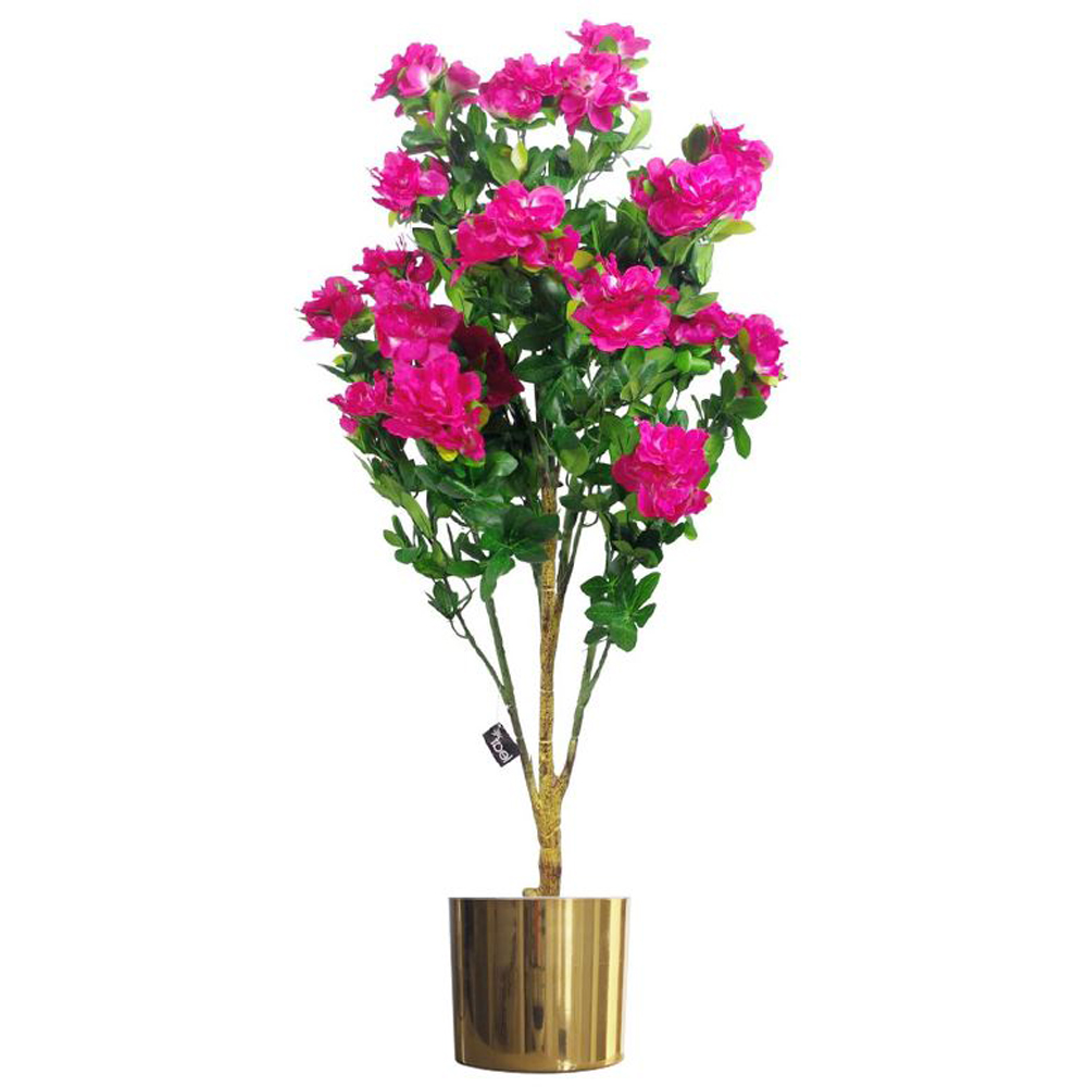 Leaf Pink Artificial Azalea Flowers Plant in Gold Metal Planter 3.2ft Image 1
