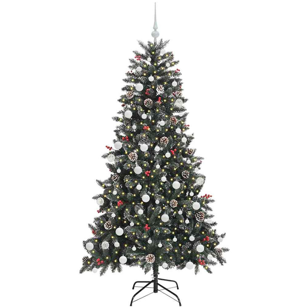 vidaXL Pre-Lit White Baubles and Pinecones Green Artificial Snow Tipped Christmas Tree 6ft Image 1
