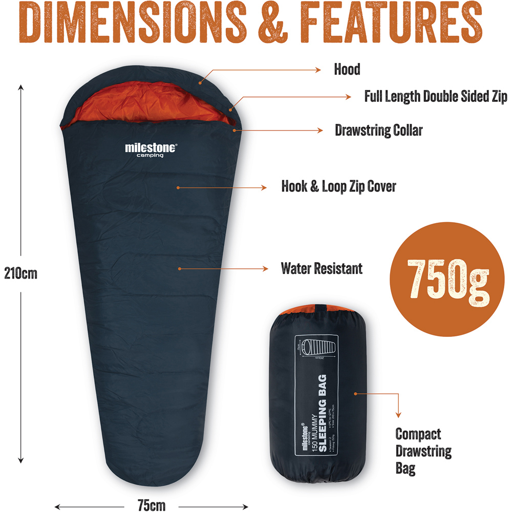 Milestone Camping 2 Seasons Single Charcoal Mummy Sleeping Bag Image 9
