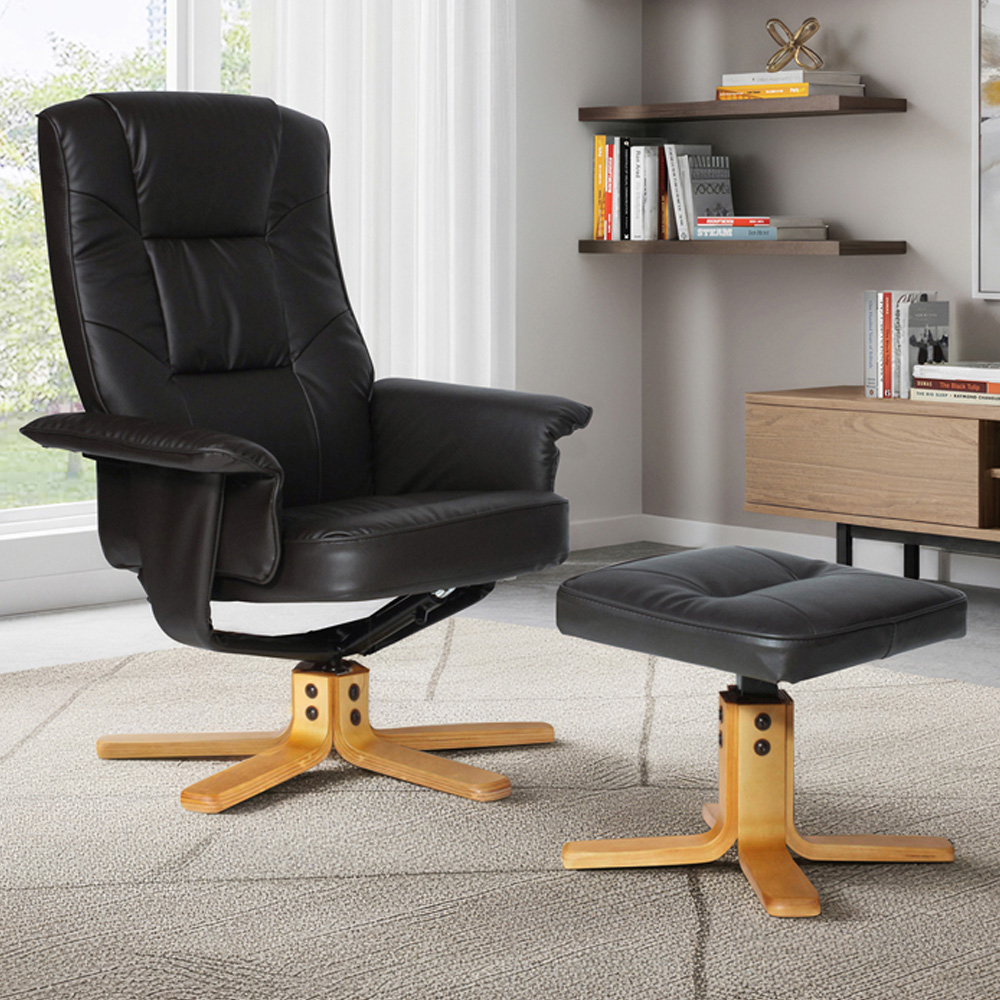 Dorel Drake Black Faux Leather Recliner Chair with Footstool Image 1