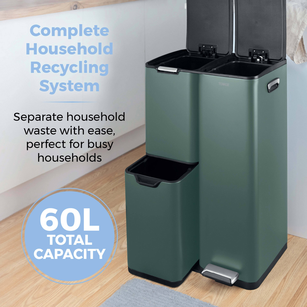Tower Triple Recycling Green Pedal Bin 60L Image 3