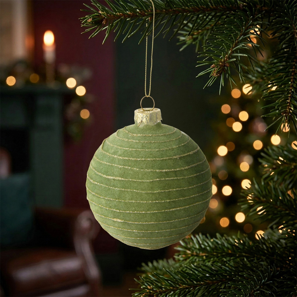 Green Flocked Striped Bauble Image 2