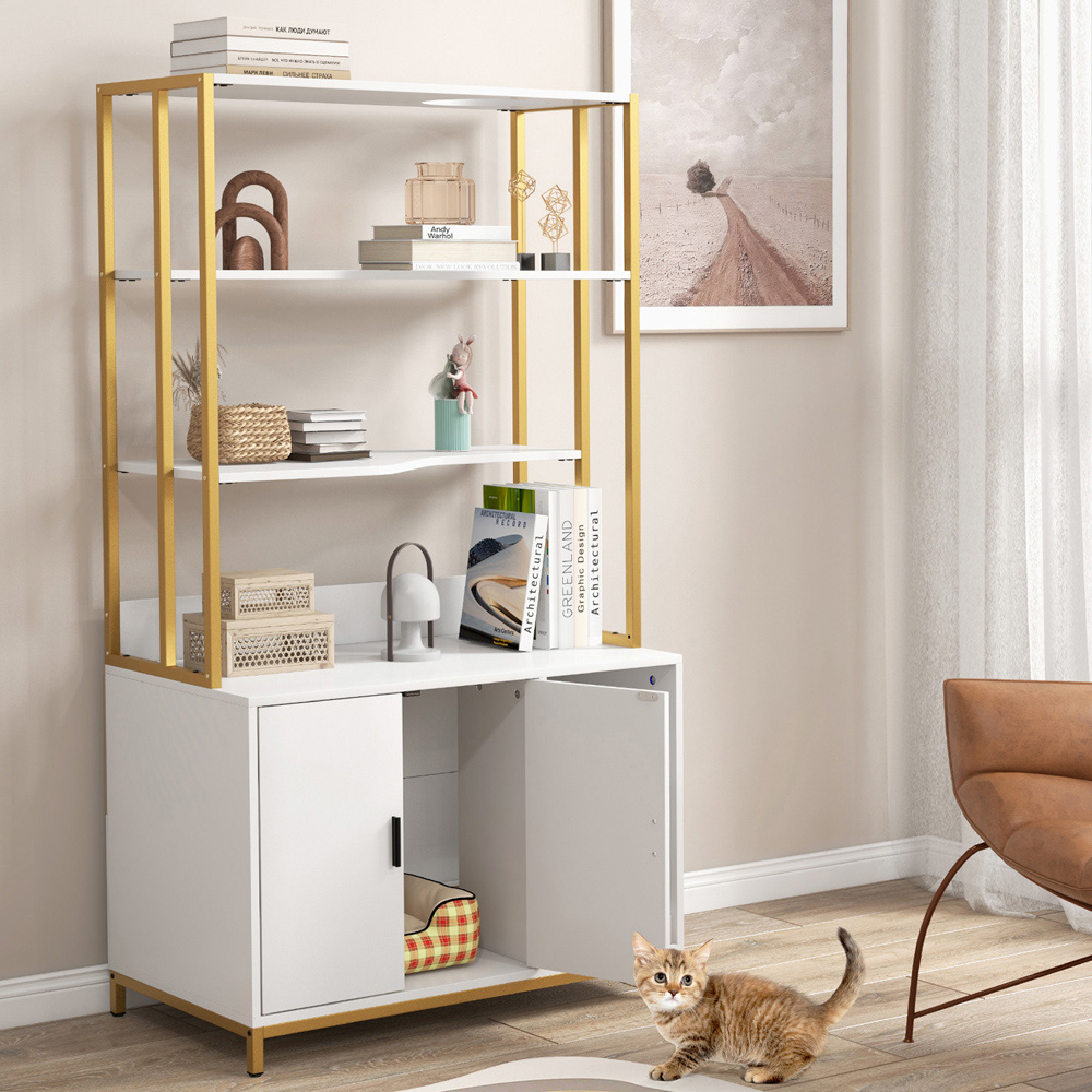 Costway White Cat Litter Box with Shelves Image 3