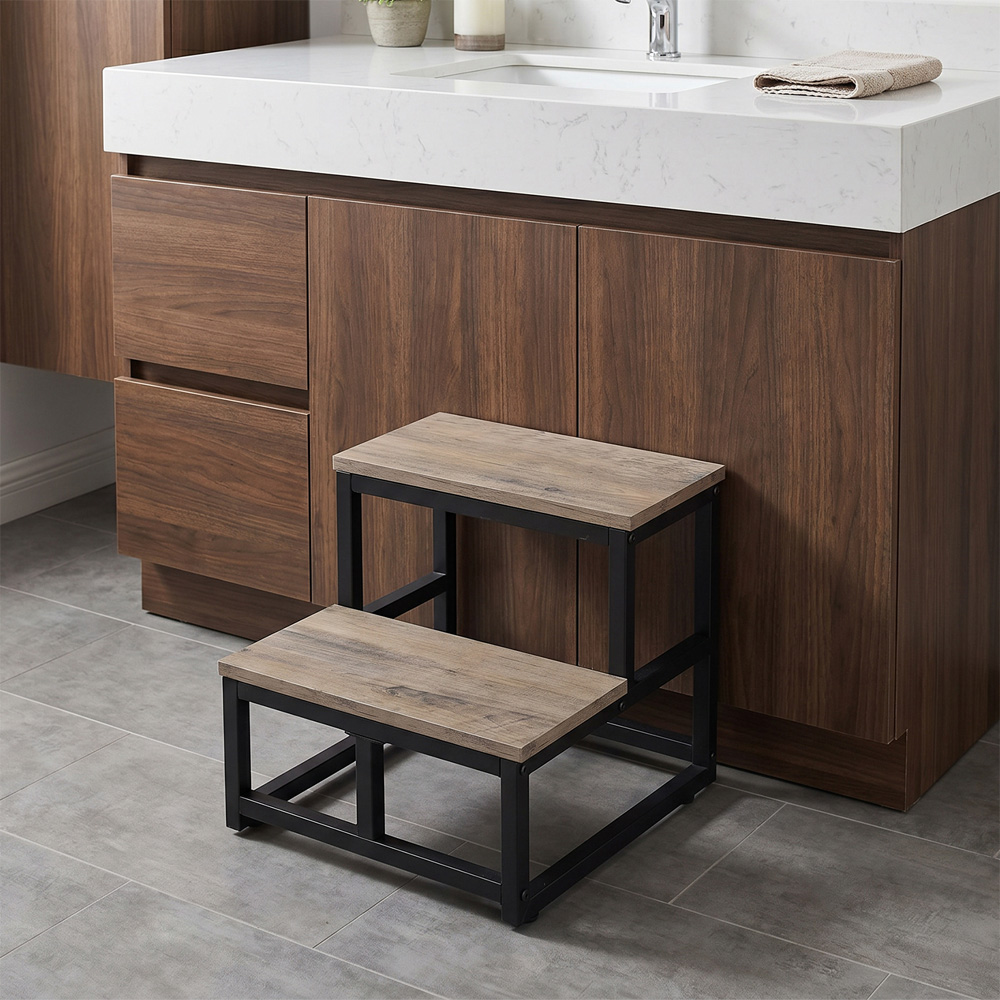 Living and Home Grey and Black Rustic Wood Grain 2 Step Stool Image 8