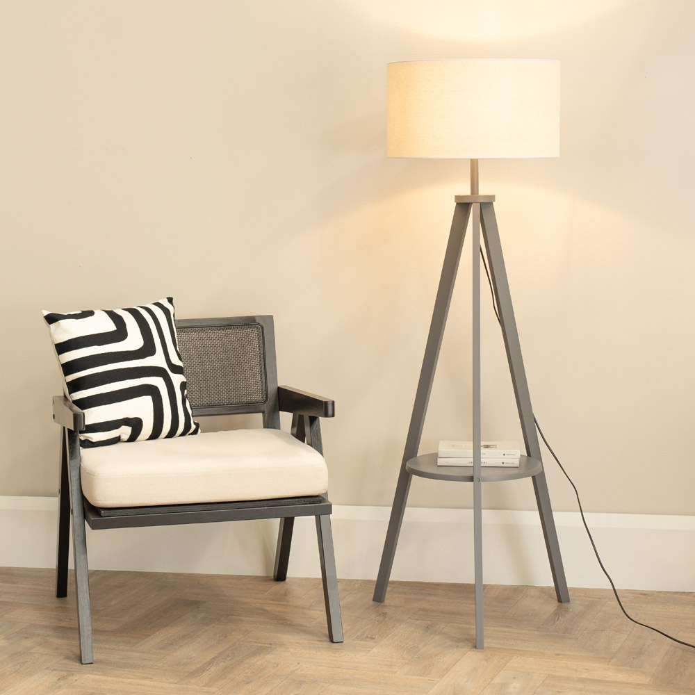 ValueLights Morrigan Grey Wood Shelf White Trim Shade Tripod Floor Lamp with Bulb Image 2