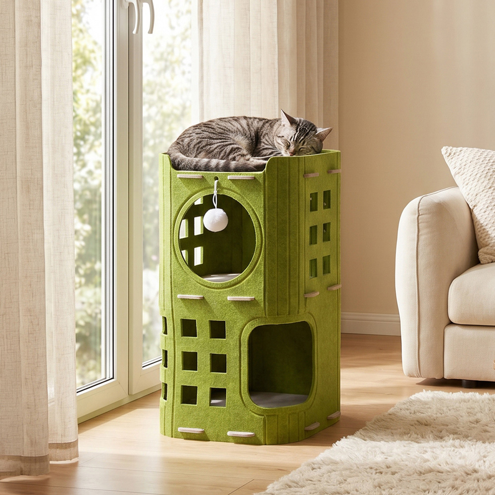 H&O Direct 2-Tier Green Felt Cat House with Hanging Fluffy Ball Image 2