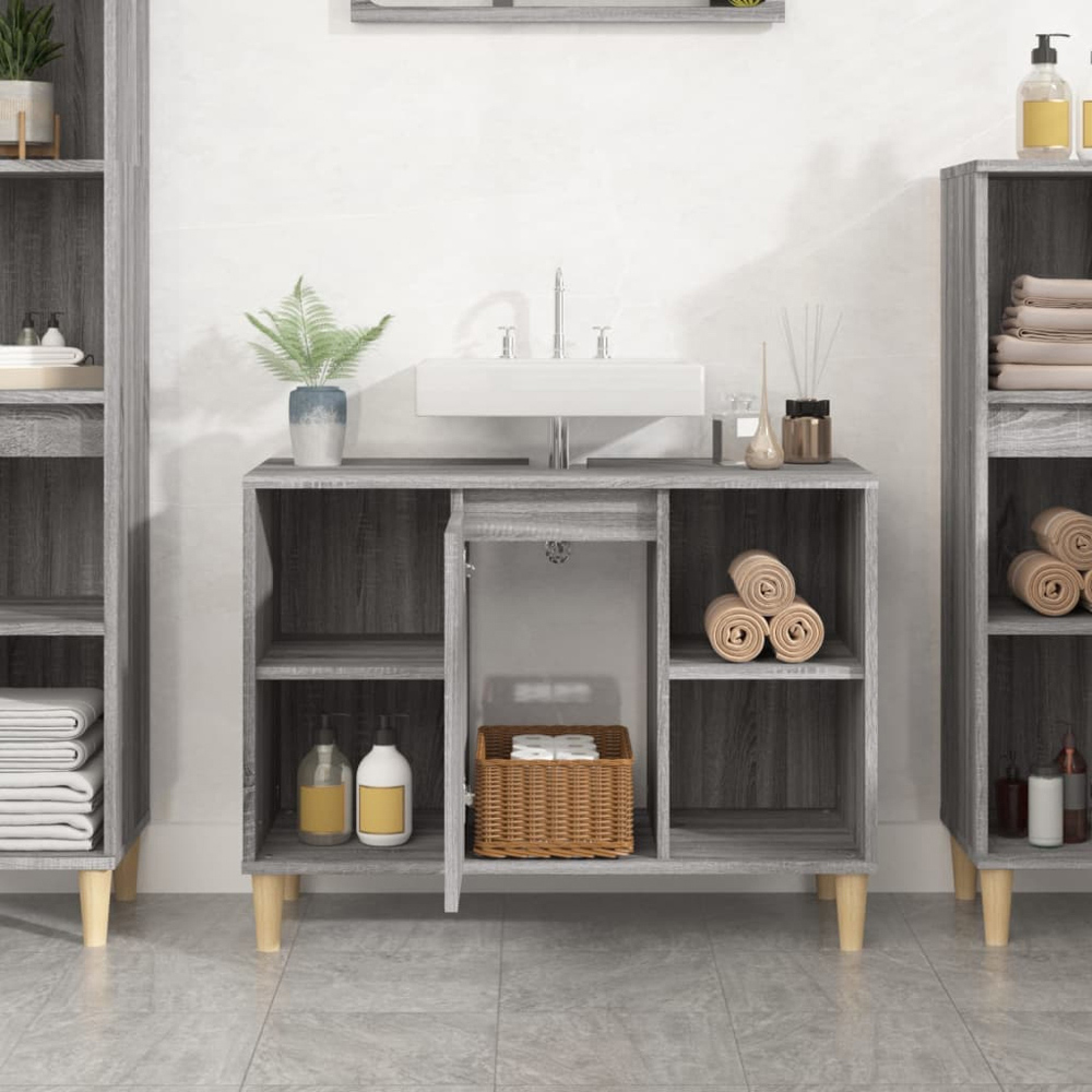 vidaXL Single Door 4 Open Shelf Grey Sonoma Bathroom Sink Cabinet Image 9
