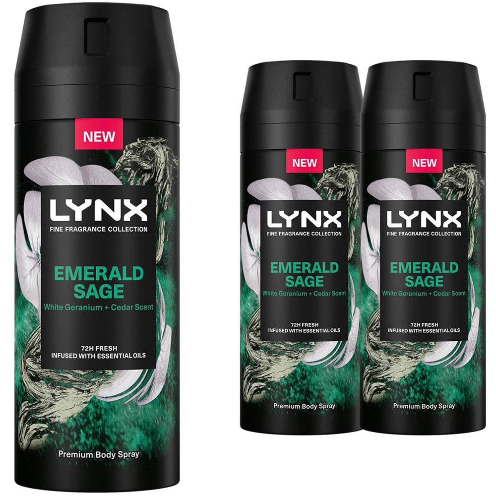 Lynx Fine Fragrance Collection Emerald Sage Deodorant Body Spray 150ml 3 Pack Image 1
