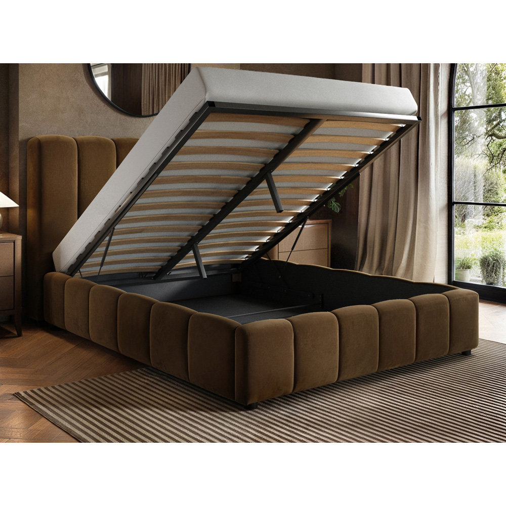 Solace+Co Emilie Double Brown Velvet Ribbed Ottoman Bed Image 6