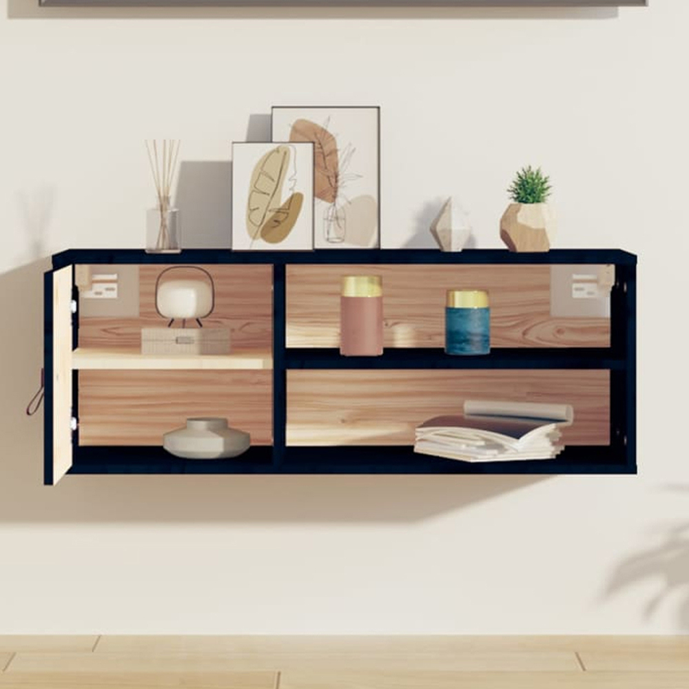 vidaXL Single Door 2 Shelf Black Solid Pine Wood Wall Cabinet Image 1