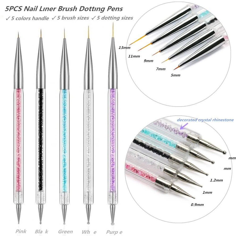 ATEK 5 Piece Double-Ended Nail Art Dotting and Liner Painting Brush Set Image 3