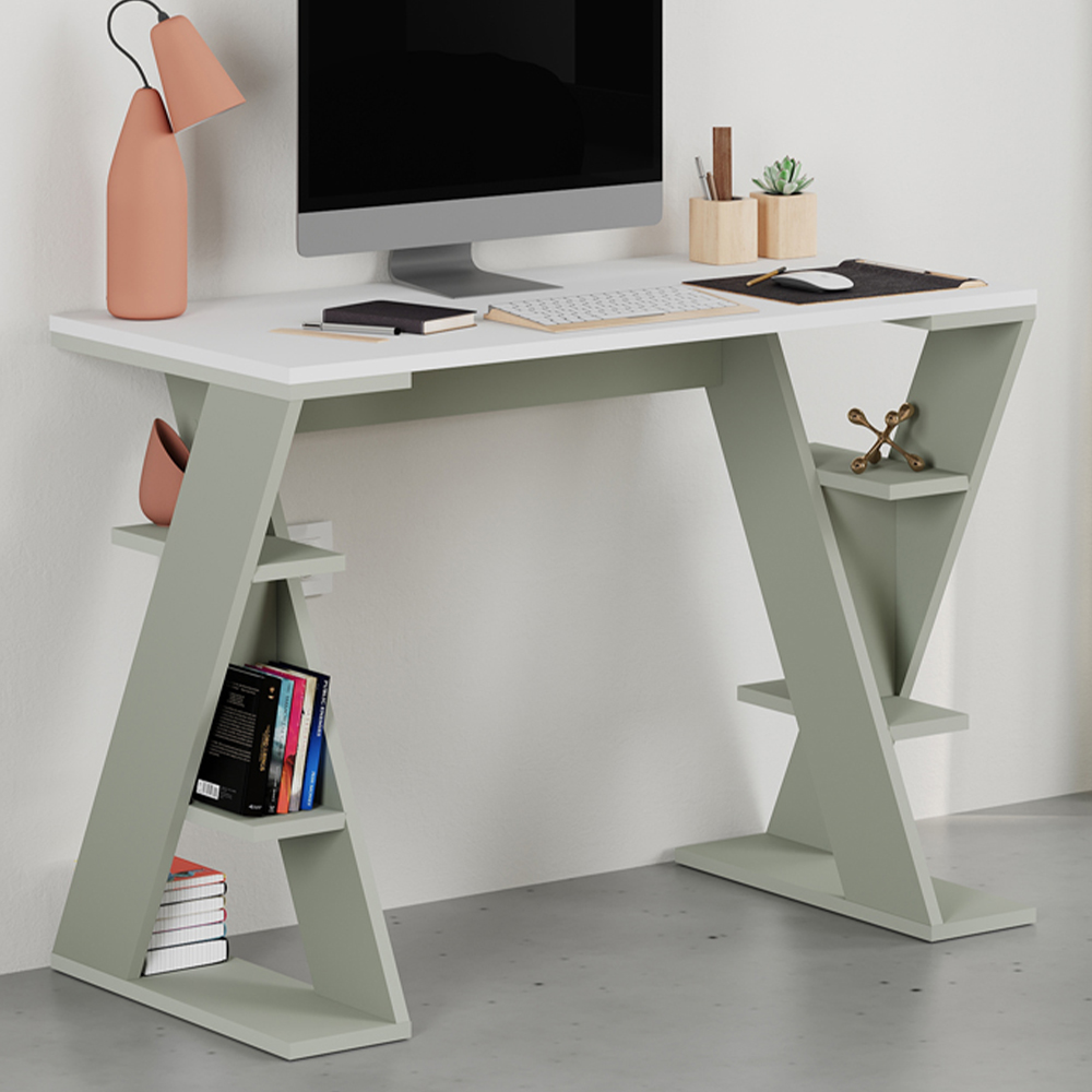 Decortie Papillon 6 Shelf Desk White and Ash Green Image 1