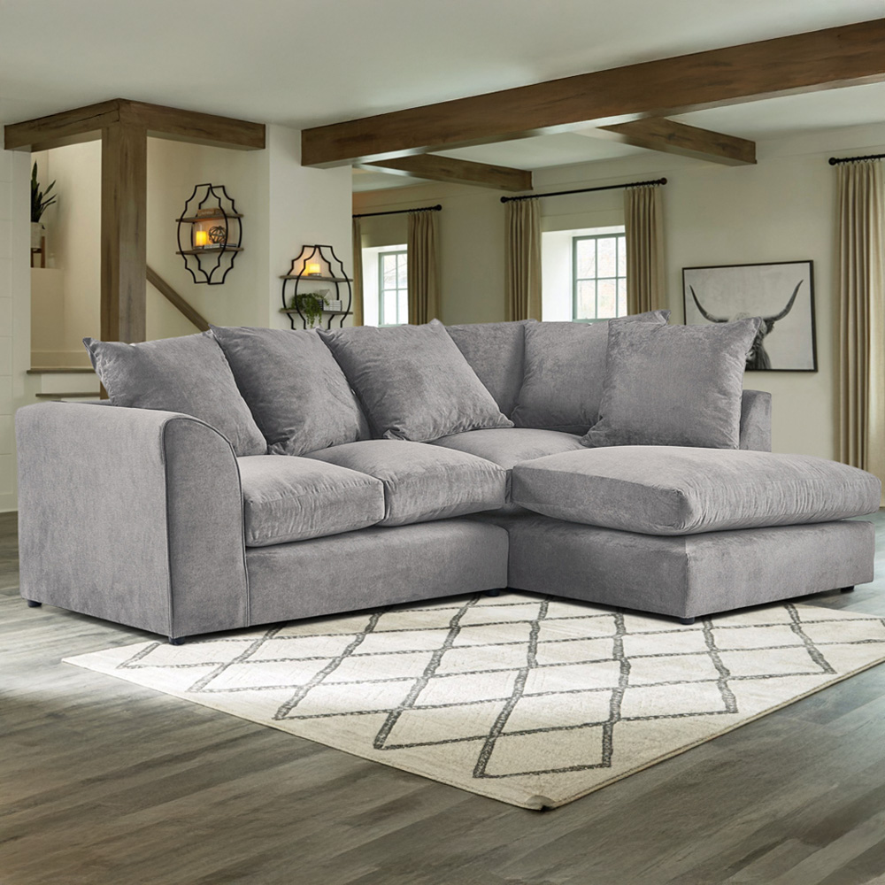 Portland Mirana Modern 3 Seater Grey Plush Velvet Right Hand Corner Sofa Image 1