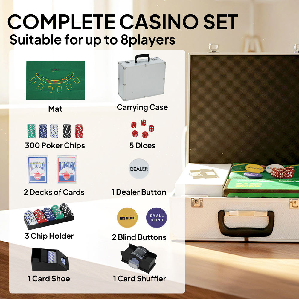 SPORTNOW 300 Piece Texas Holdem Poker Chips Set with Card Shuffler and Shoe Image 8