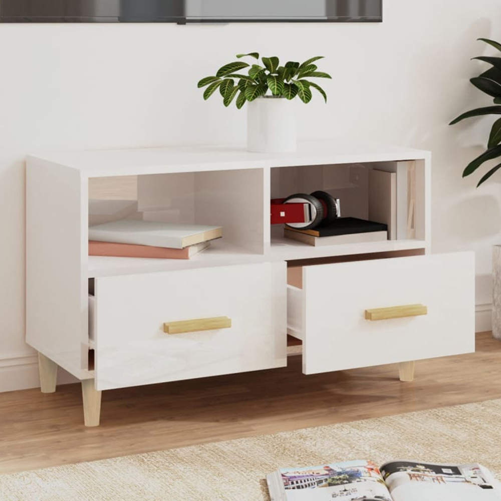vidaXL 2 Drawer 2 Shelf High Gloss White TV Cabinet Image 1