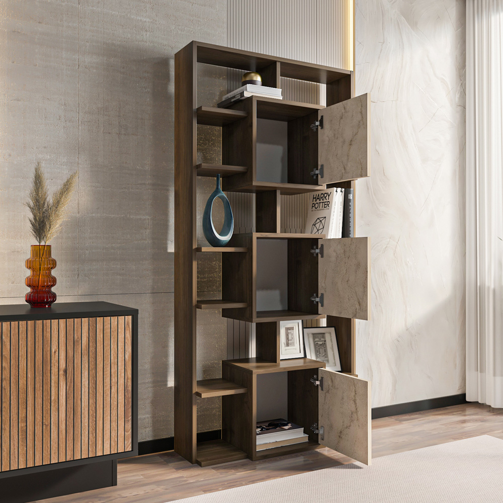 Decorotika Monaco 3 Door 12 Shelf Walnut Traverter Bookcase Image 5