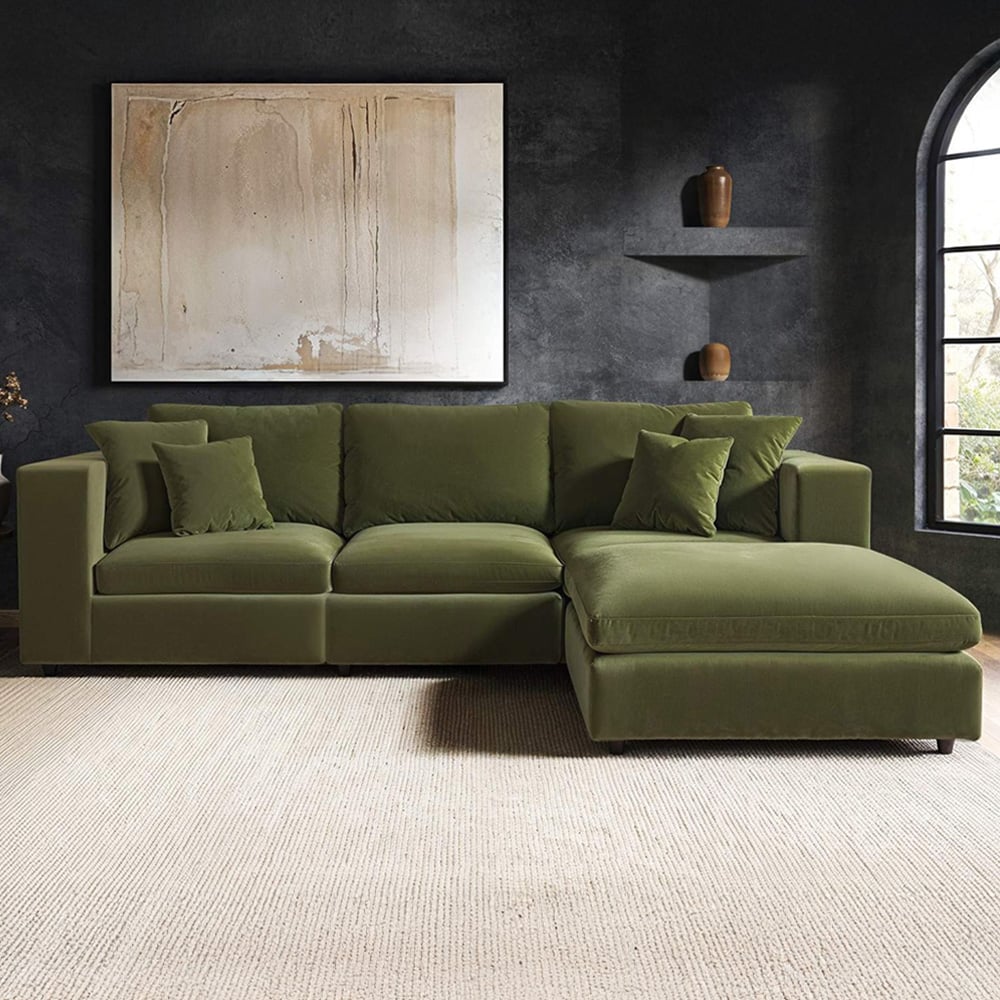 Solace+Co Asher 4 Seater Khaki Green Velvet Sofa with Footstool Image 4