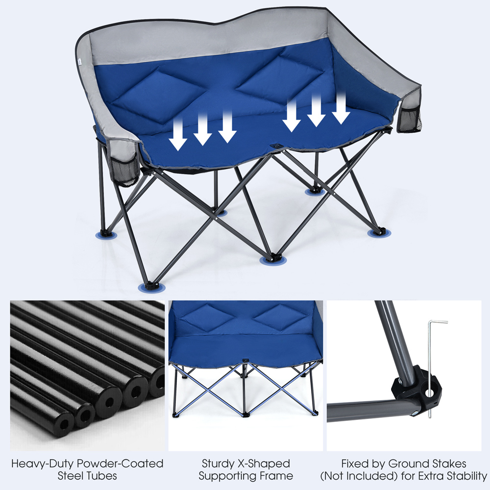 Costway 2 Seater Blue Folding Camping Chair with Padded Seat Image 6