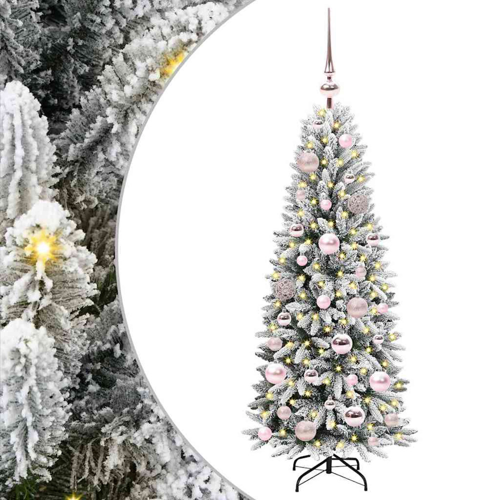 vidaXL Pre-Lit Pink Baubles Artificial Snow Flocked Christmas Tree 4ft Image 2