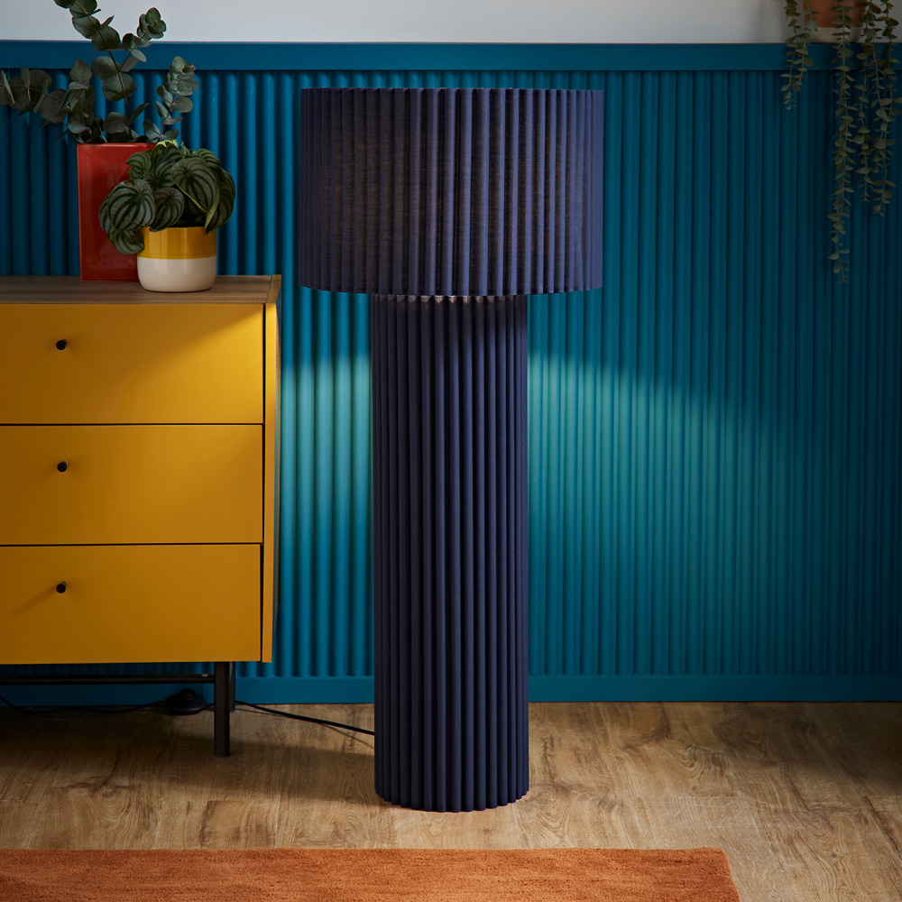 ValueLights Lenny Navy Blue Drum Lamp Shade Ribbed Fabric Midi LED Floor Lamp Image 2