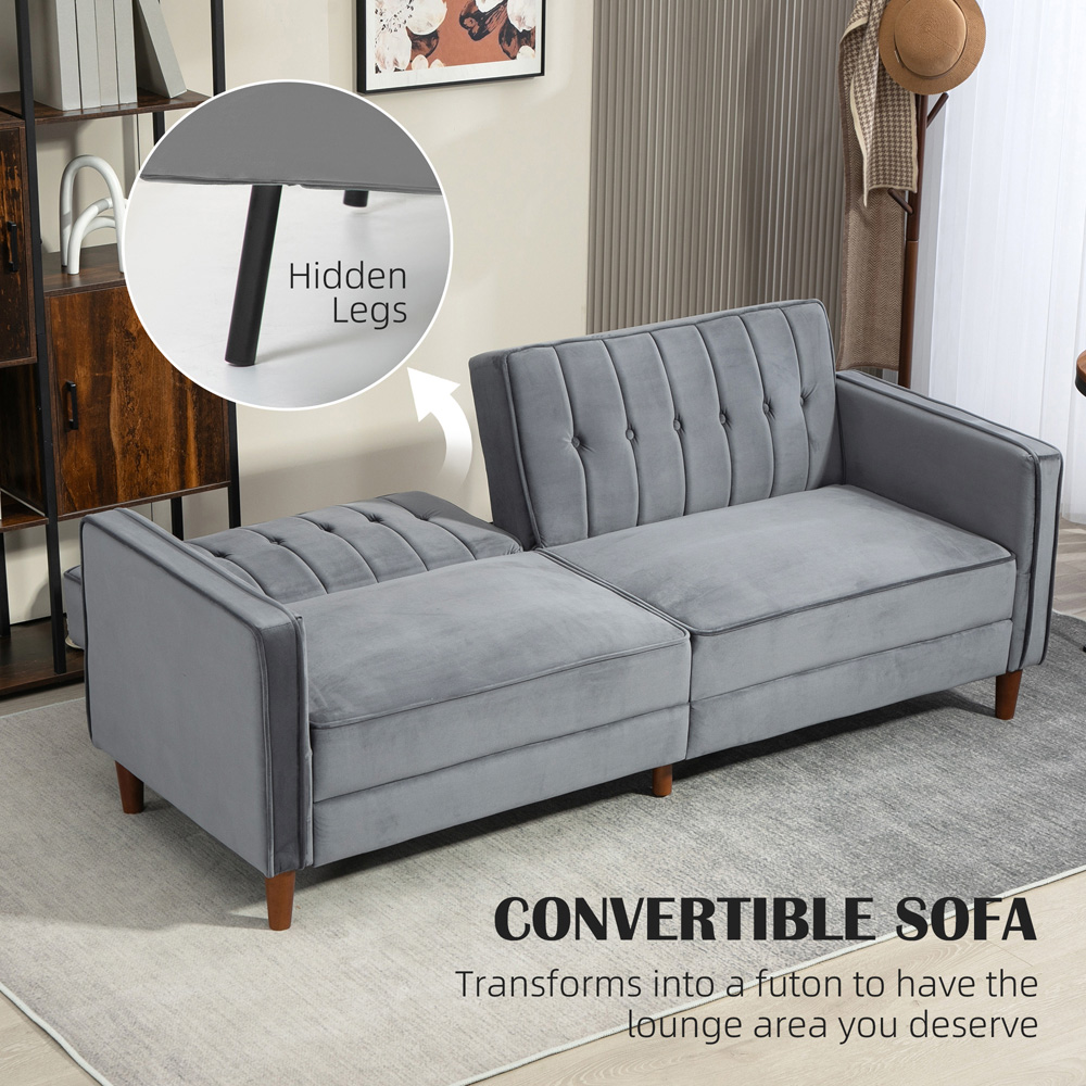 HOMCOM 3 Seater Dark Grey Velvet Button Tufted Sofa Bed Image 4