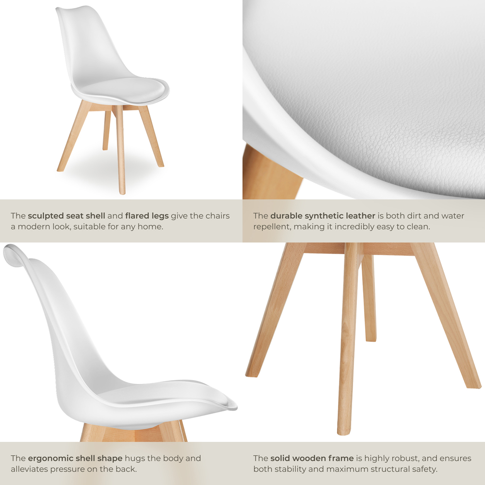 tectake Frederikke Set of 2 White Ergonomic Dining Chair with Padded Seat and Wooden Legs Image 5