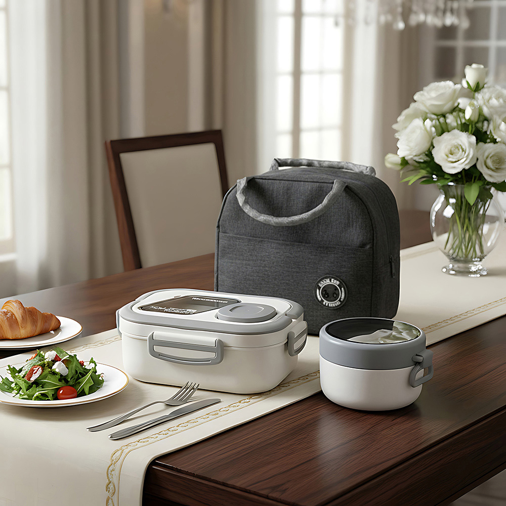 Living and Home Grey Portable Lunch Box Set with Cutlery and Insulated Bag Image 7