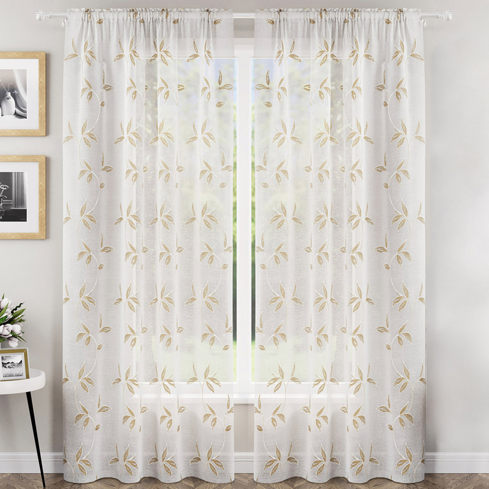 Enhanced Living Oasis Natural Embroidered Leaf Design Sheer Rod Pocket Voile Panels 140 x 183cm Image 1
