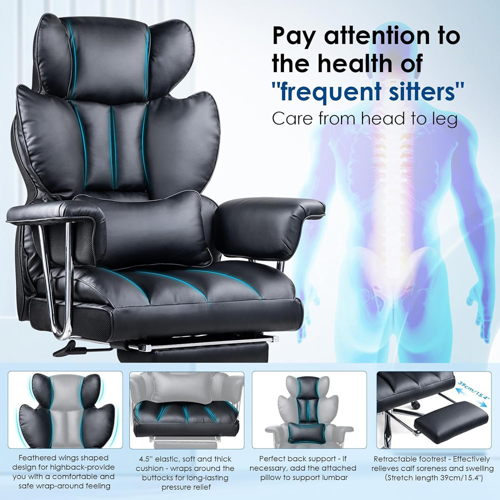 Rattrix Black Leather Ergonomic High Back Swivel Office Chair with Footrest Image 3