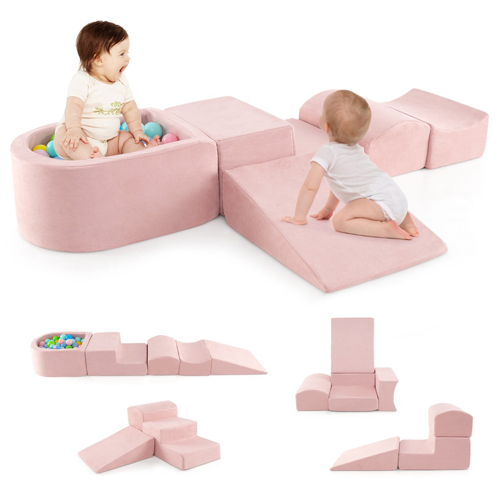 Costway Kids Pink 5 Piece Climb and Crawl Play Set with Ball Pit Image 5