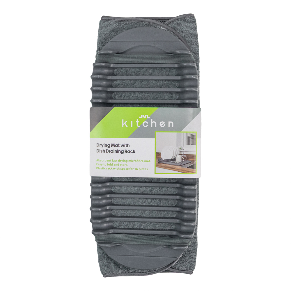 JVL Kitchen Grey Washing Up Bowl Drying Mat Rack Soap Dispensing Brush Scrubbing Brush Bundle Image 3