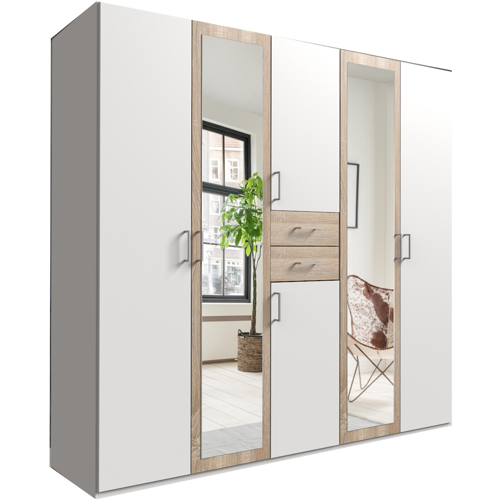 TJ'S Bristol 6 Door 2 Drawer White and Oak Mirrored Wardrobe Image 2
