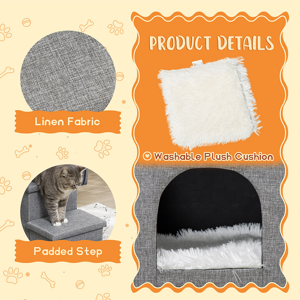 PawHut 3 Step Faux Linen Pet Stairs with Mini House Image 6