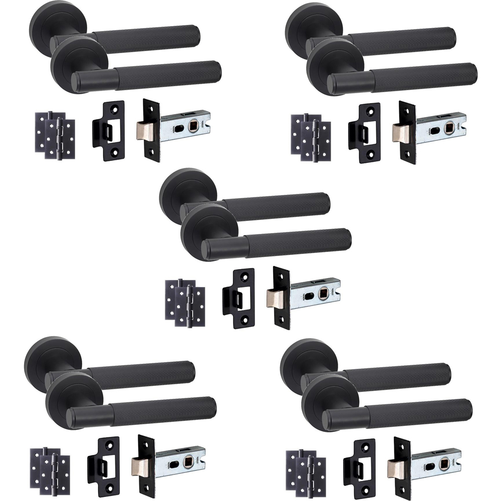 Golden Grace Straight T-Bar Linear Matt Black Door Handles and Latch Set 5 Pack Image 1