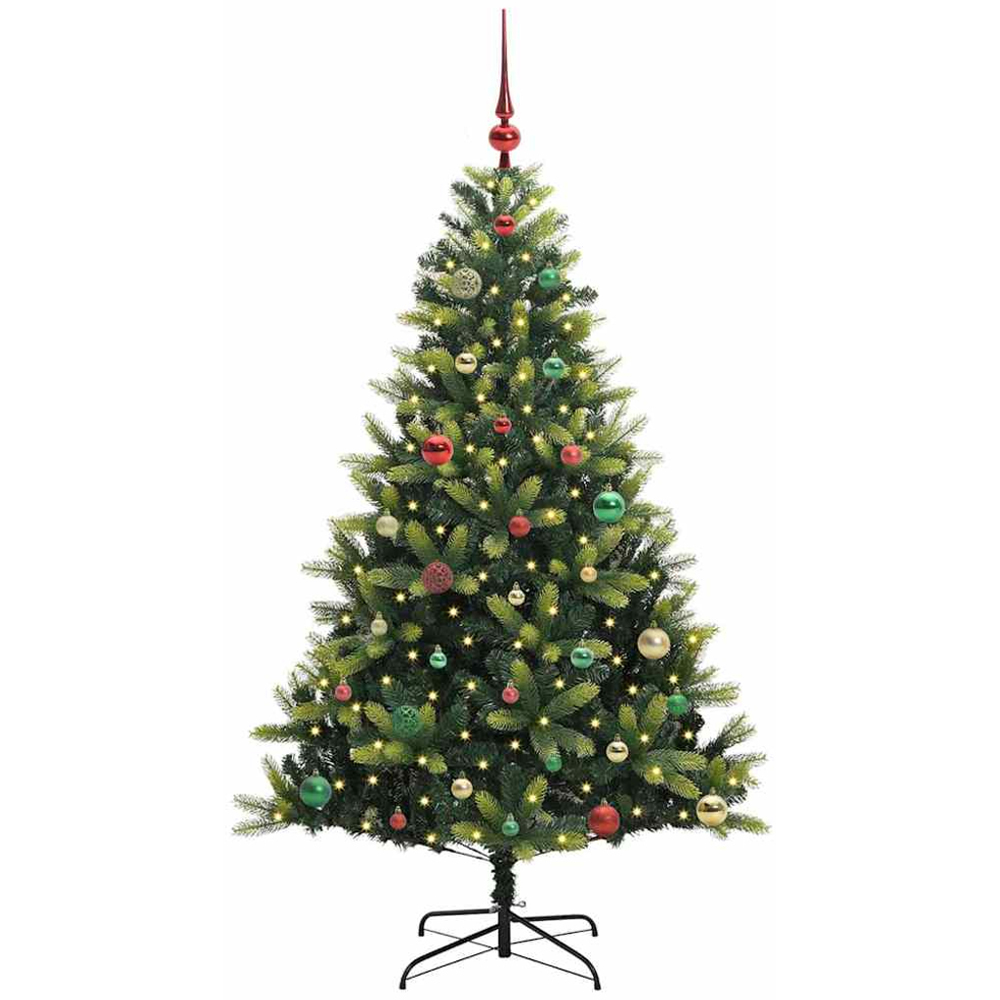 vidaXL Pre-Lit Multicolour Baubles Green Artificial Hinged Christmas Tree 5ft Image 1