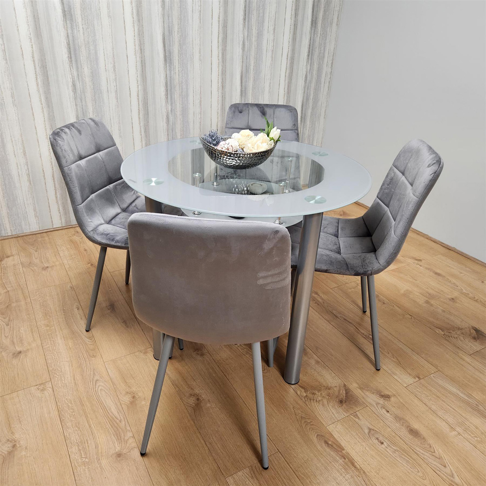 Portland Rocco 4 Seater Round Glass Velvet Dining Set Grey Image 7