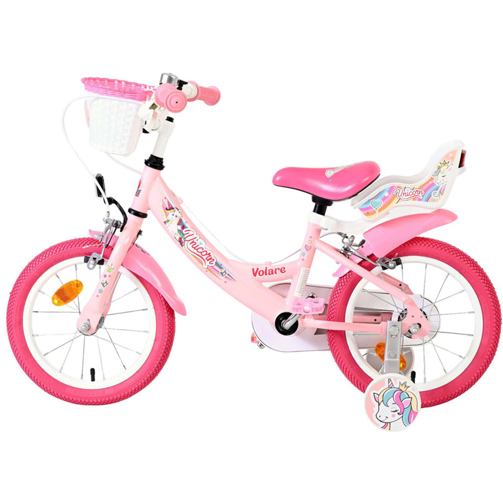 Volare Unicorn Kids 14 inch Pink Bike with Stabilisers Doll Seat and Basket Image 5