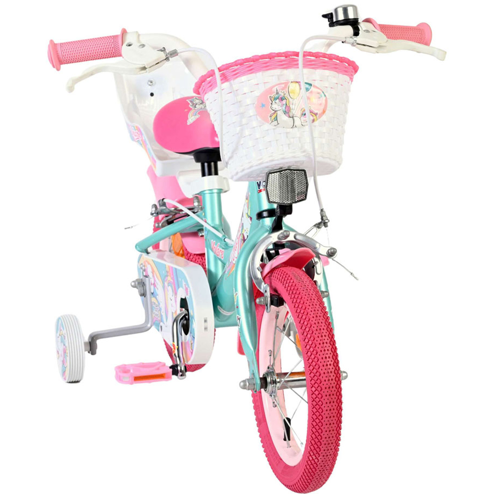 Volare Unicorn Kids 12 inch Green and Pink Bike with Stabilisers Doll Seat and Basket Image 2