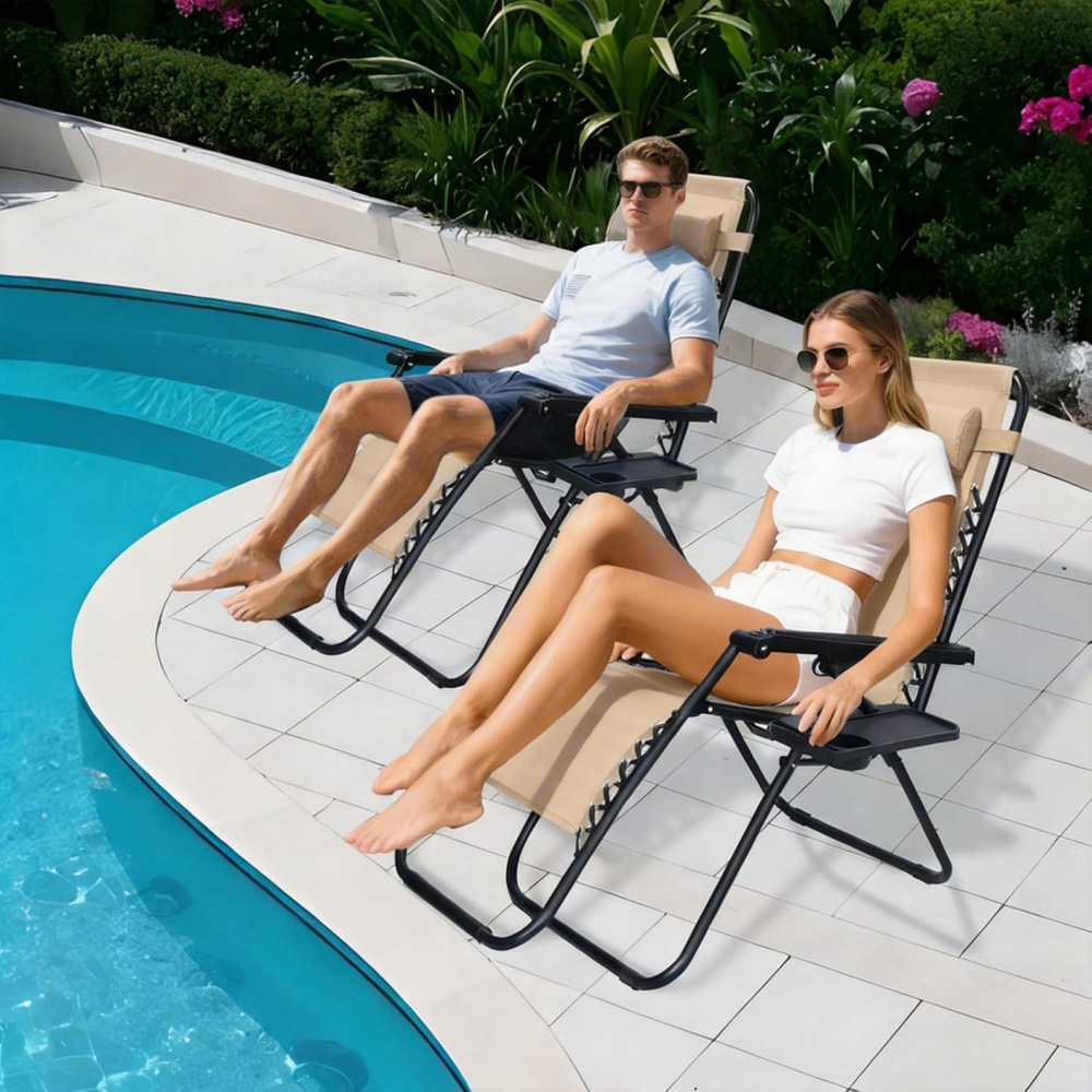 Alivio 2 Pack Beige Zero Gravity Reclining Sun Loungers Image 6
