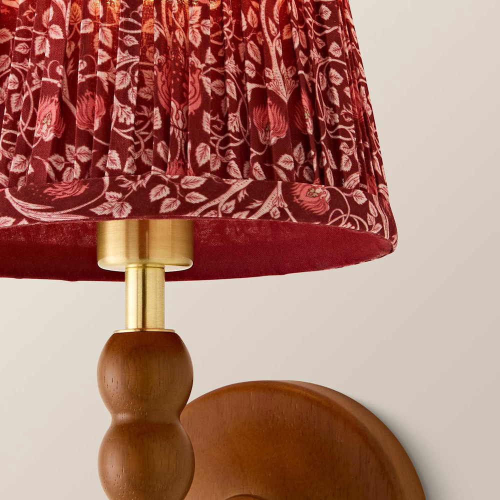ValueLights Bobble Burgundy Floral Pleated Shade Walnut Wooden Wall Light with Bulb Image 4