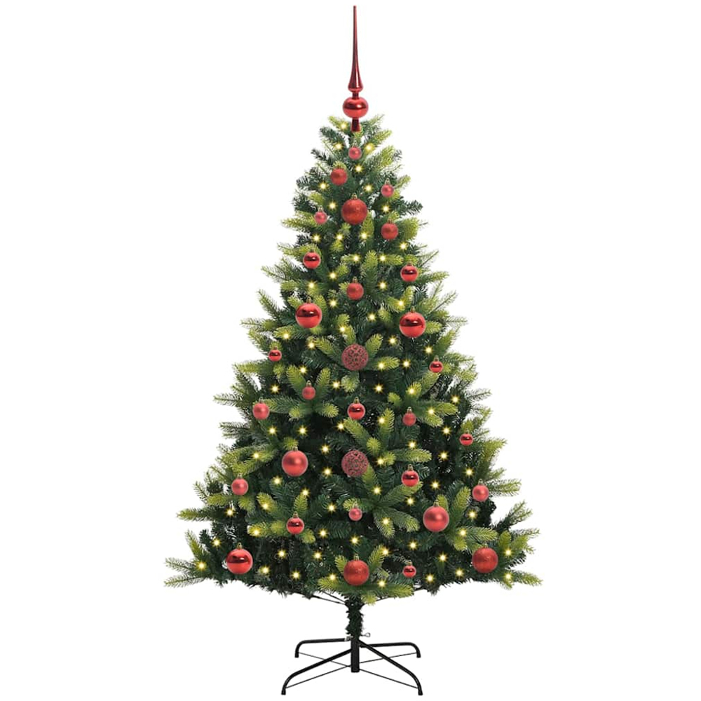 vidaXL Pre-Lit Red Baubles Green Artificial Hinged Christmas Tree 4ft Image 1