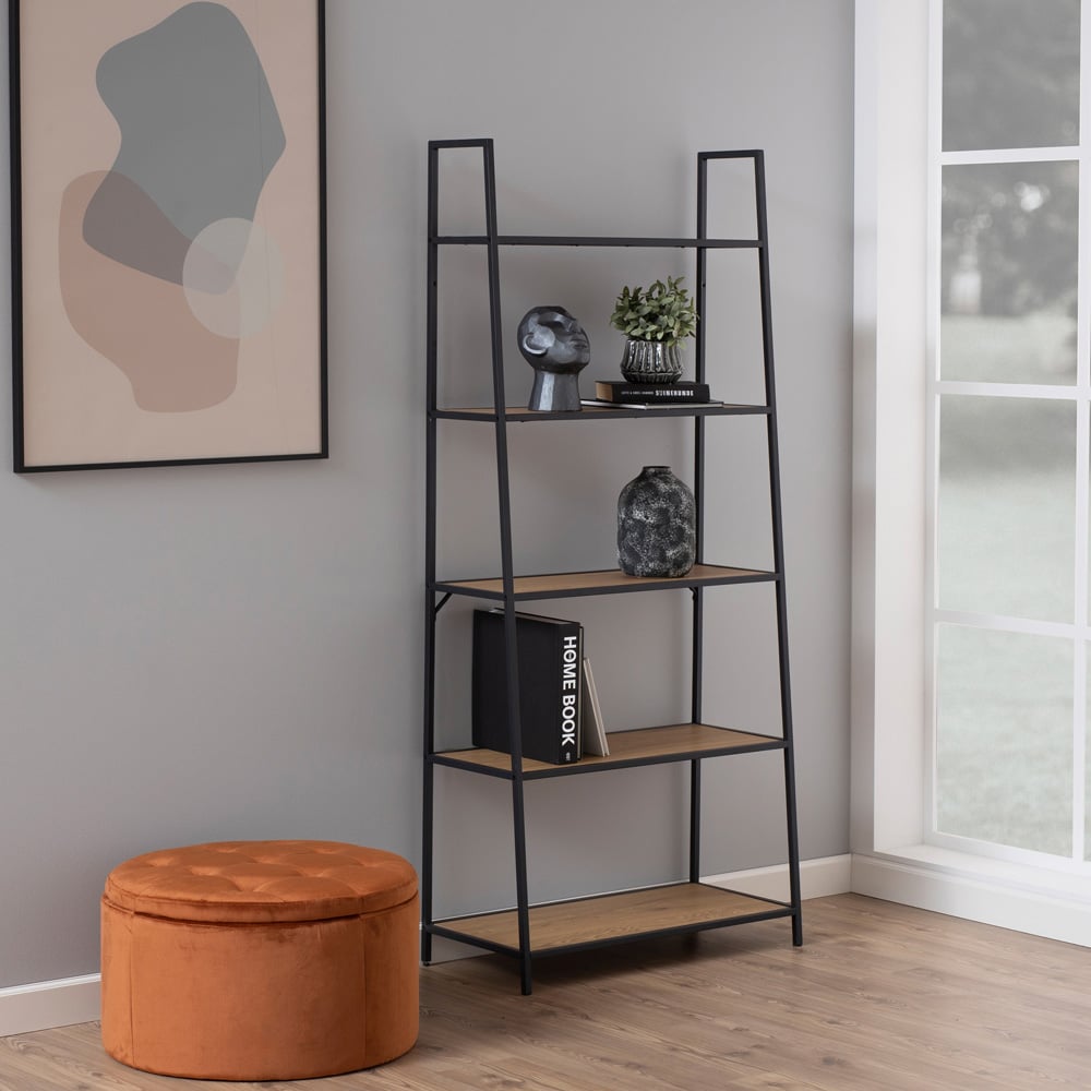 Florence Seaford 5 Shelf Oak and Black Metal Ladder Bookcase Image 8