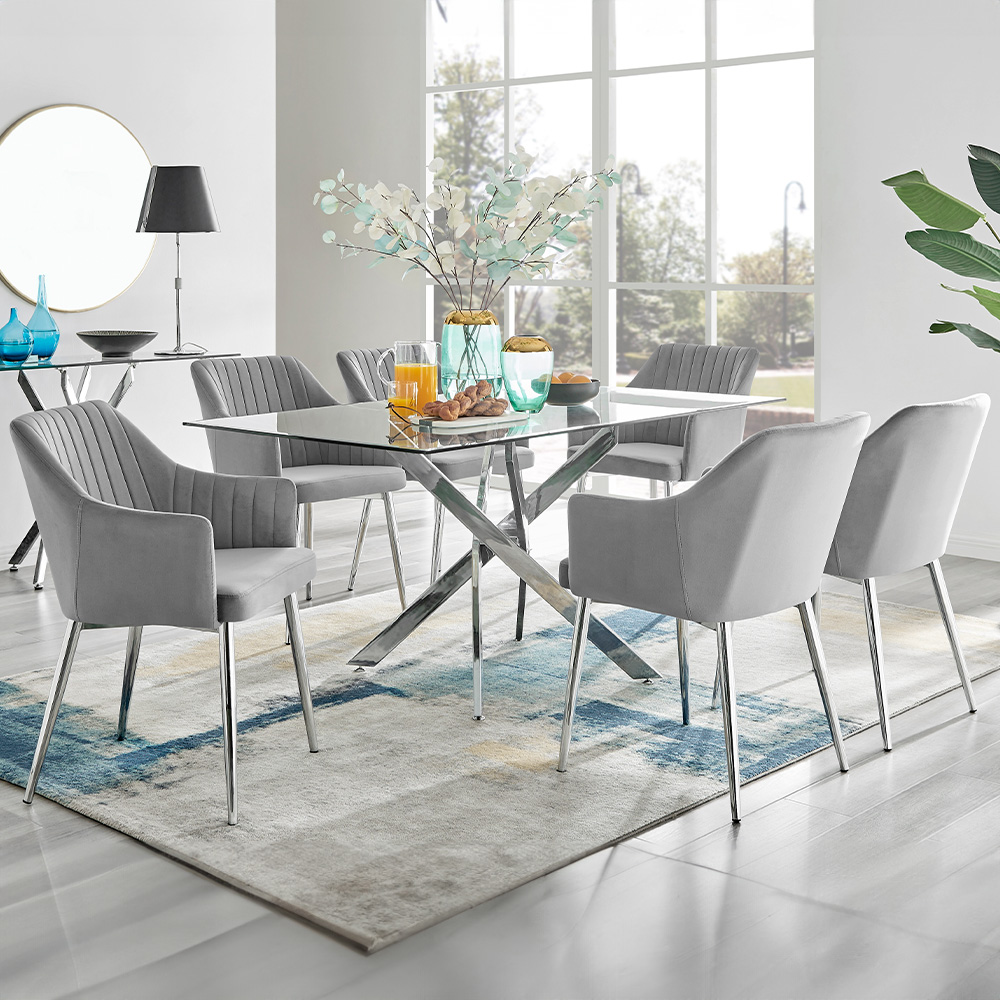 Furniturebox Tavolo Calla 6 Seater Dining Set Glass Chrome and Grey Image 1