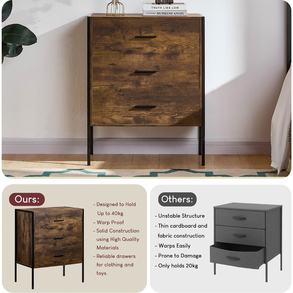 Vida Designs Brooklyn 3 Drawer Dark Wood Rustic Metal Frame Chest of Drawers Image 5