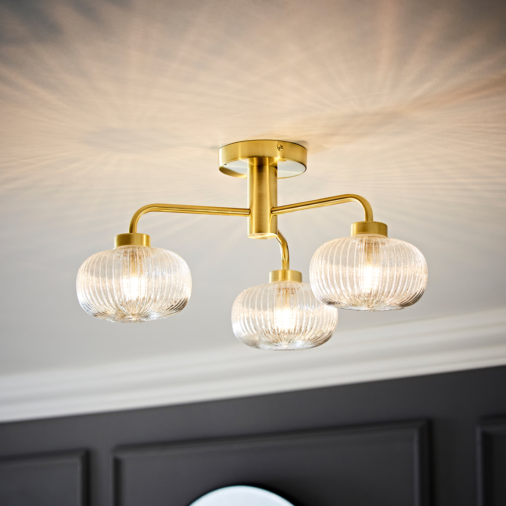 ValueLights Amaia Gold 3 Way Clear Ribbed Glass LED Ceiling Light Image 2